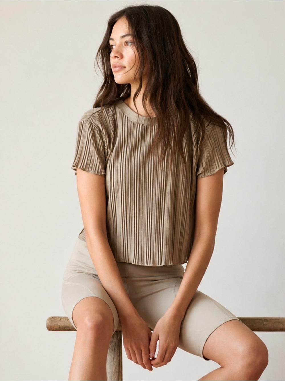 Free People Movement Ribbed Pleated Crop Top – Taupe – Size S
